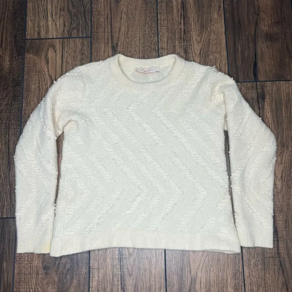 Tory Burch Ivory Textured‎ Chevron Wool Sweater Crewneck Women's S/P Old Money